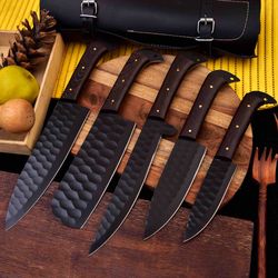 forged carbon coated steel chef set 5pcs with leather roll kit, handmade kitchen bbq culinary set with leather cover