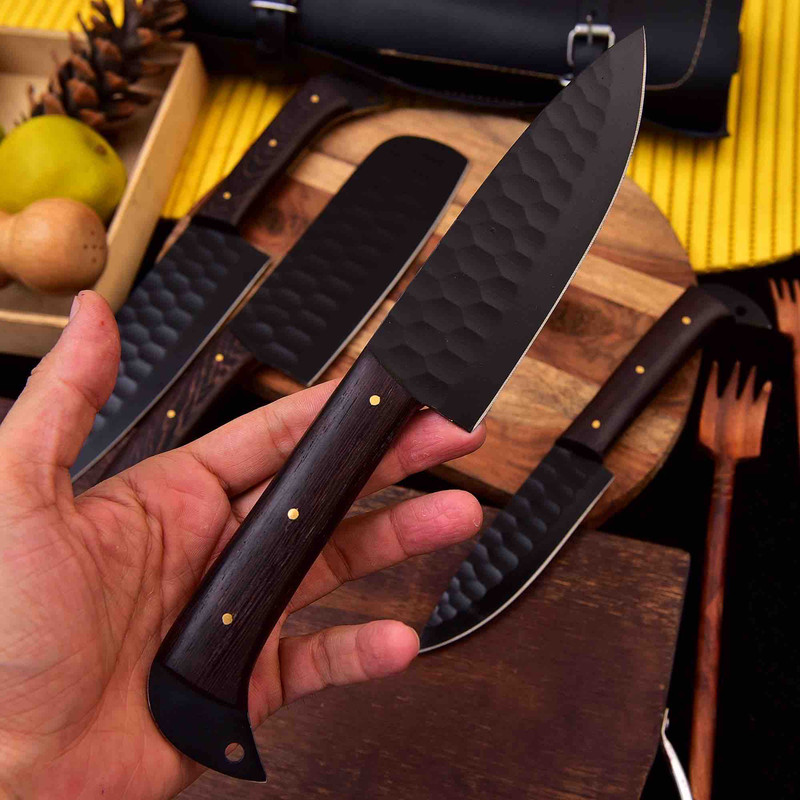 Forged Carbon Coated Steel Chef Set 5Pcs With Leather Roll Kit Handmade Kitchen BBQ Culinary Set Wit
