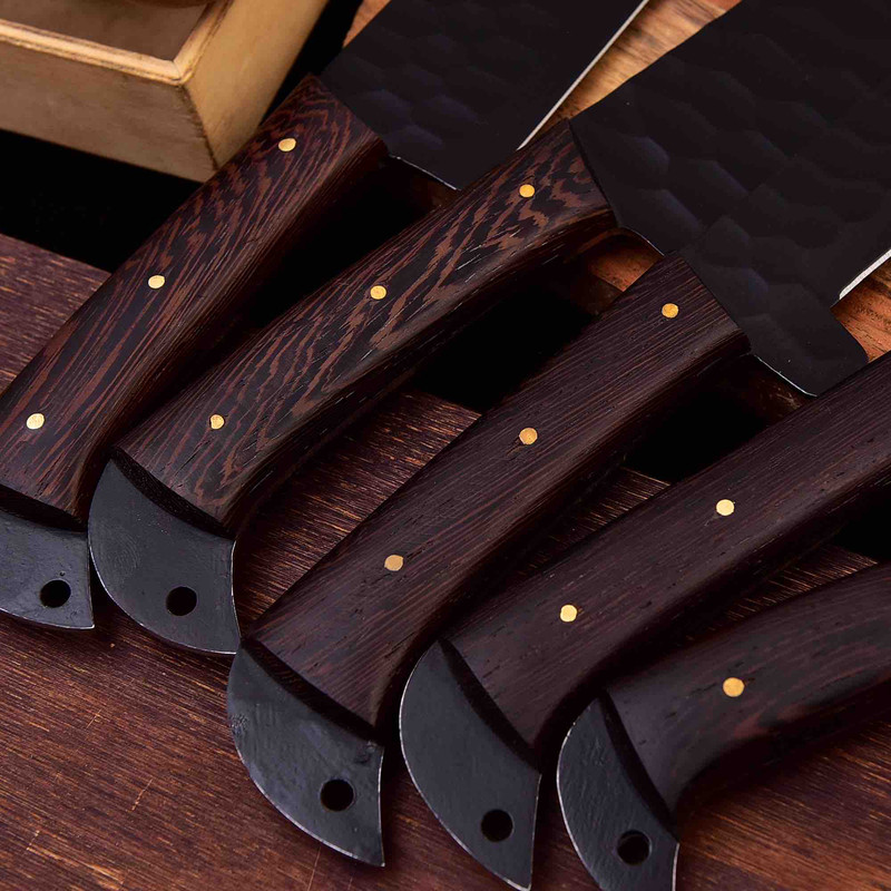 Forged Carbon Coated Steel Chef Set 5Pcs With Leather Roll Kit Handmade Kitchen BBQ Culinary Set Wit