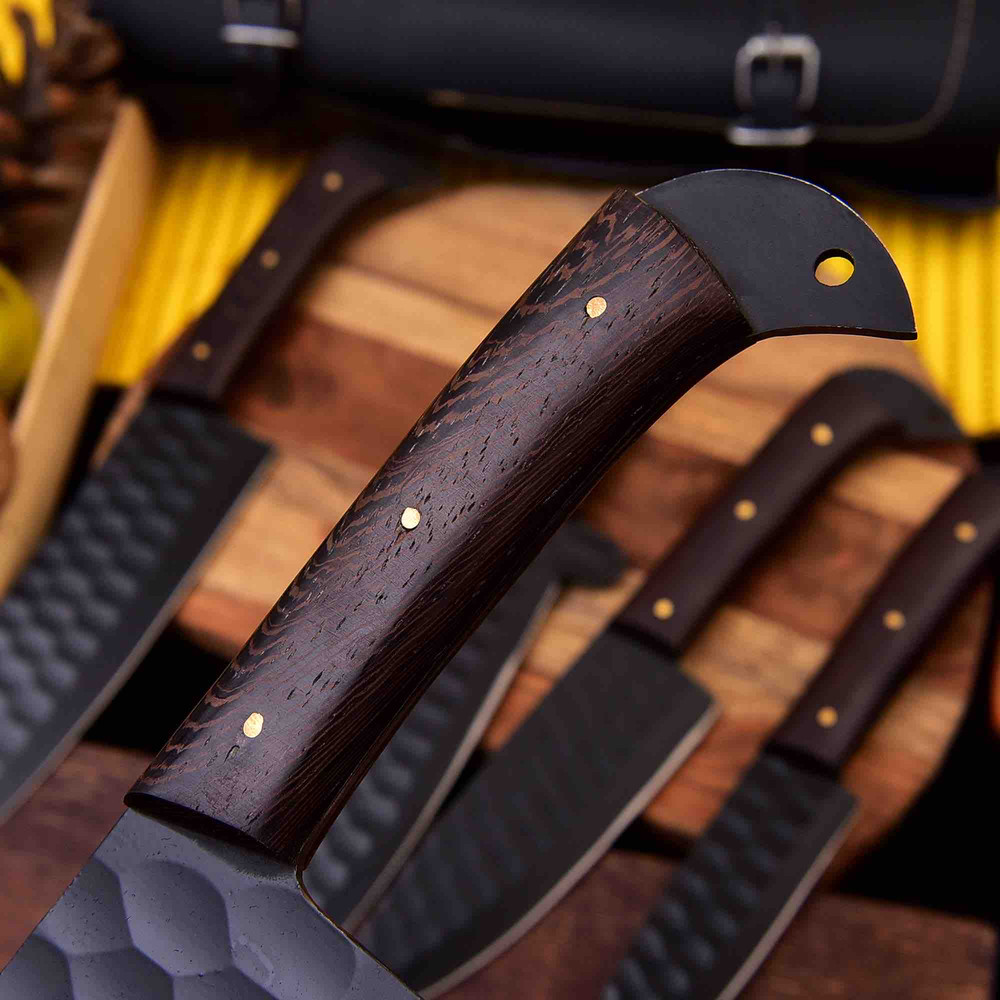 Forged Carbon Coated Steel Chef Set 5Pcs With Leather Roll Kit Handmade Kitchen BBQ Culinary Set Wit