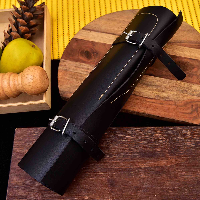 Forged Carbon Coated Steel Chef Set 5Pcs With Leather Roll Kit Handmade Kitchen BBQ Culinary Set Wit