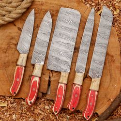 forged carbon coated steel chef set 5pcs with leather roll kit, handmade kitchen bbq set, birthday