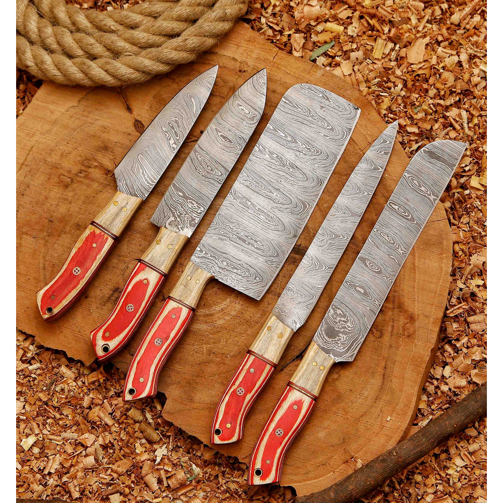 Forged Carbon Coated Steel Chef Set 5Pcs With Leather Roll Kit Handmade Kitchen BBQ Set Birthday 1