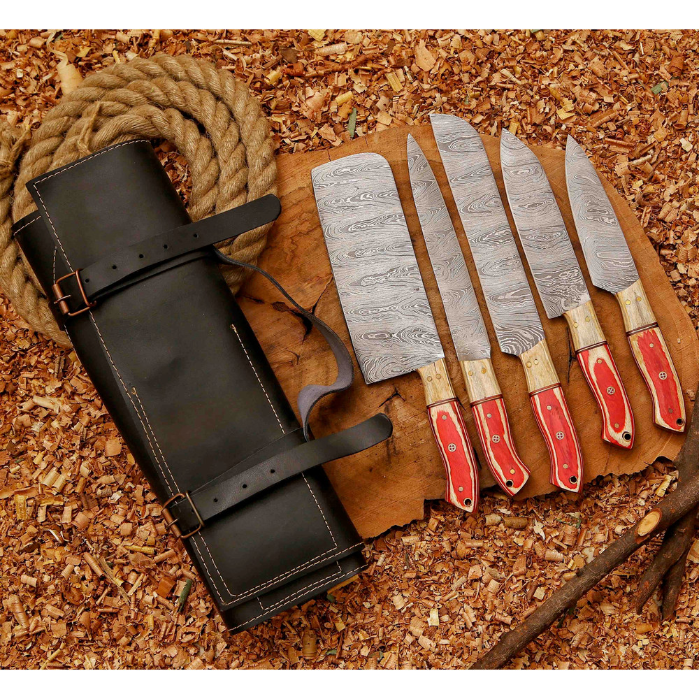 Forged Carbon Coated Steel Chef Set 5Pcs With Leather Roll Kit Handmade Kitchen BBQ Set Birthday 3