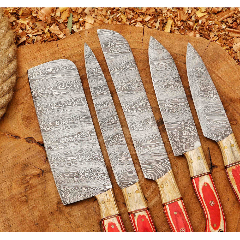 Forged Carbon Coated Steel Chef Set 5Pcs With Leather Roll Kit Handmade Kitchen BBQ Set Birthday 4