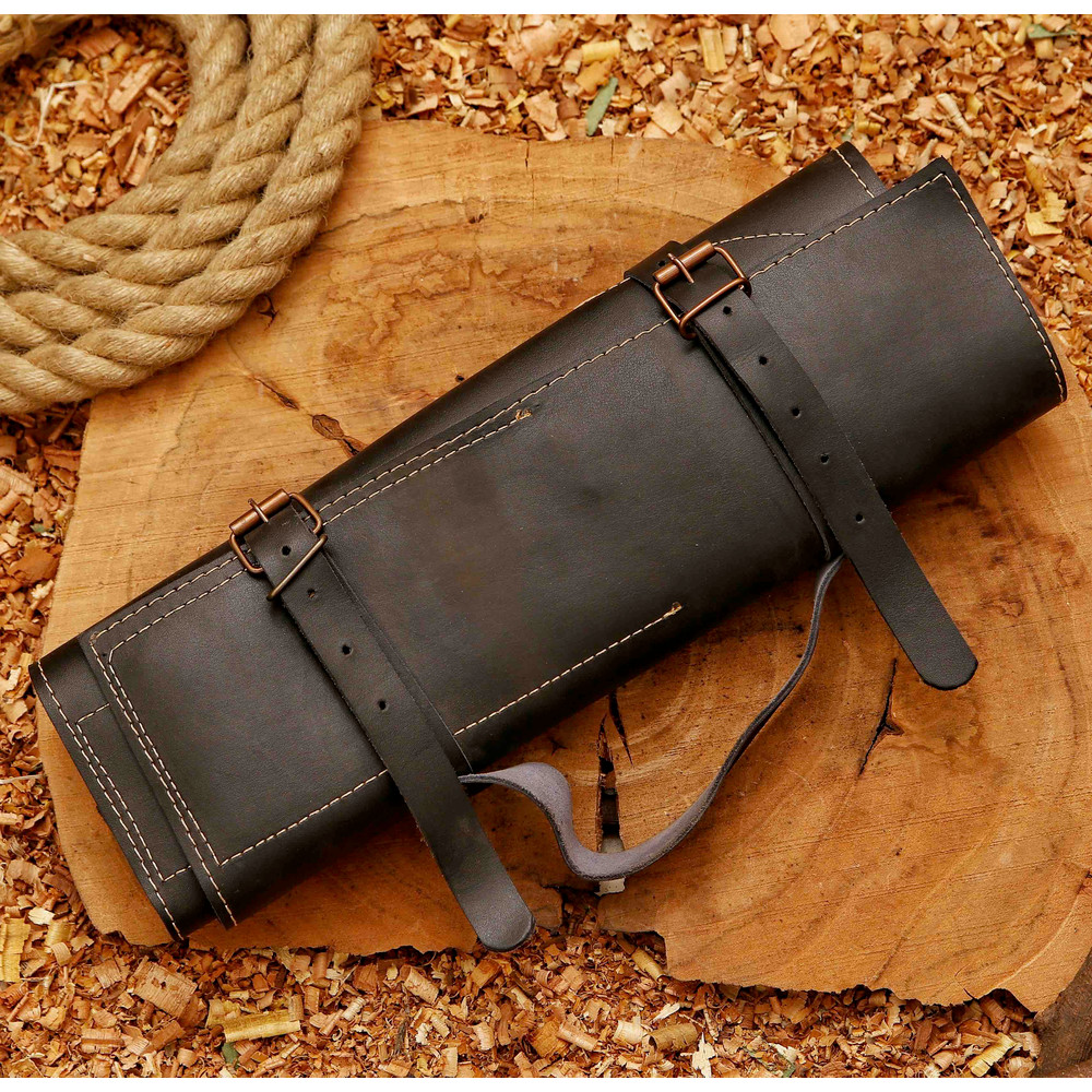 Forged Carbon Coated Steel Chef Set 5Pcs With Leather Roll Kit Handmade Kitchen BBQ Set Birthday 5