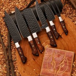 hand forged 5pcs damascus steel chef set, damascus knife set, chef knife set, damascus kitchen knife set personalized