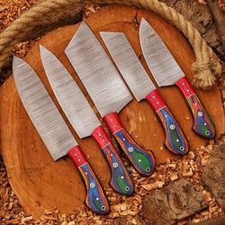 custom handmade damascus steel chef knives set of 5 pieces, unique christmas gift, perfect kitchen knife set for him