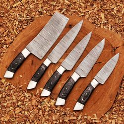 forged carbon coated steel chef set 5pcs with leather roll cover, handmade kitchen bbq culinary set, birthday