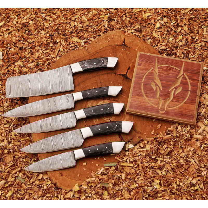 Forged Carbon Coated Steel Chef Set 5Pcs With Leather Roll Cover Handmade Kitchen BBQ Culinary Set B