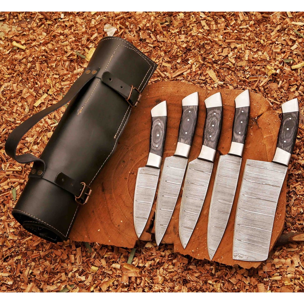 Forged Carbon Coated Steel Chef Set 5Pcs With Leather Roll Cover Handmade Kitchen BBQ Culinary Set B