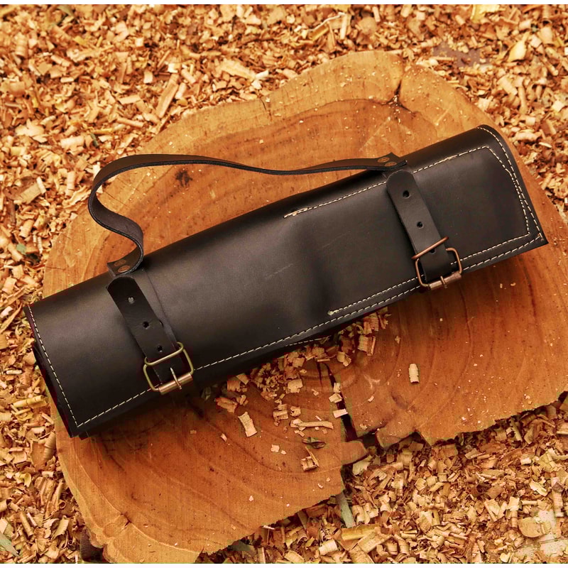 Forged Carbon Coated Steel Chef Set 5Pcs With Leather Roll Cover Handmade Kitchen BBQ Culinary Set B