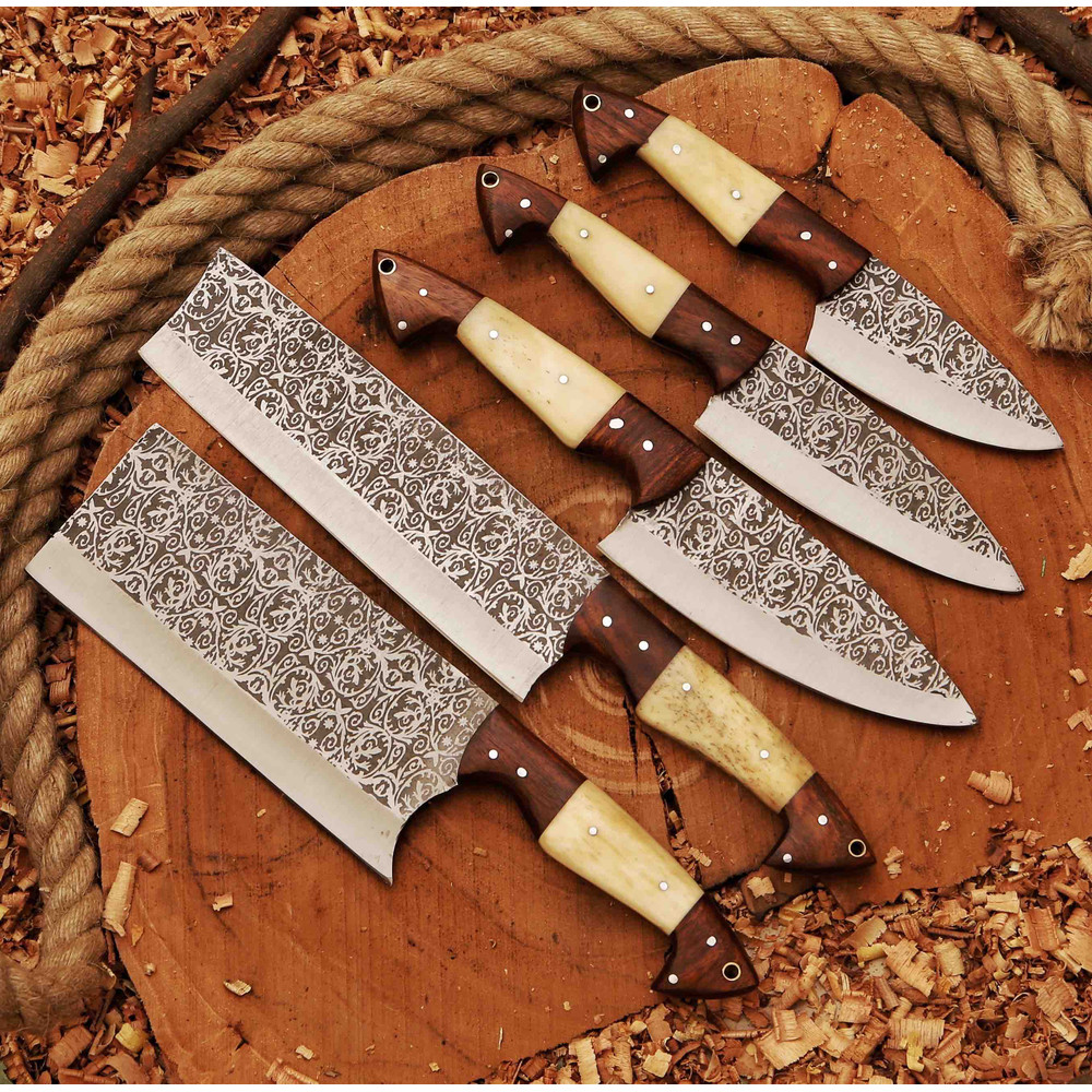 Heaven Forged Damascus Steel Chef Set 6 Pcs With Leather Roll Kit Handmade Kitchen BBQ Culinary Set Birthday 1