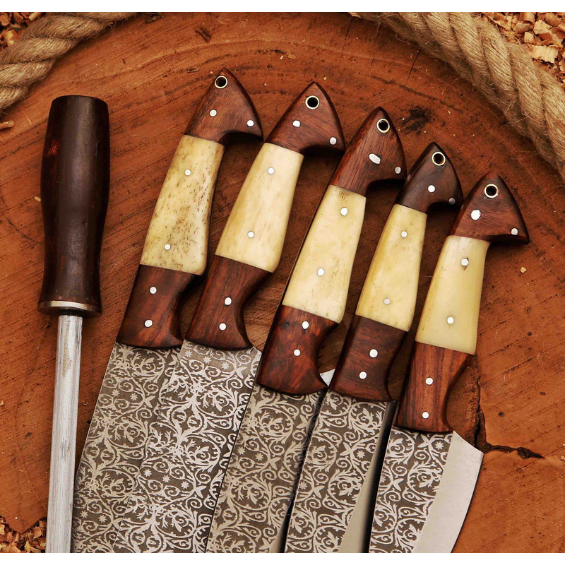 Heaven Forged Damascus Steel Chef Set 6 Pcs With Leather Roll Kit Handmade Kitchen BBQ Culinary Set Birthday 2