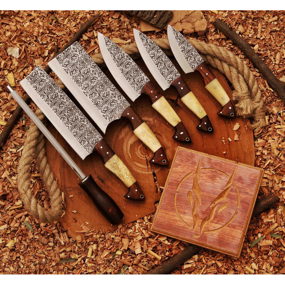 Heaven Forged Damascus Steel Chef Set 6 Pcs With Leather Roll Kit Handmade Kitchen BBQ Culinary Set Birthday 4