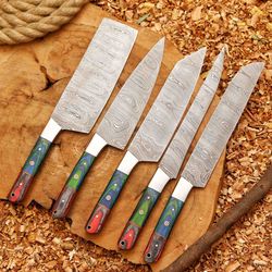 handcrafted san mai damascus chef knife set 5-piece with turquoise & rose wood handles crazy horse leather sheath gift