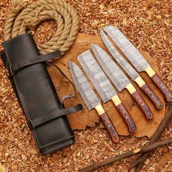 handcrafted san mai damascus chef knife set 5-piece with turquoise & rose wood handles crazy horse leather sheath