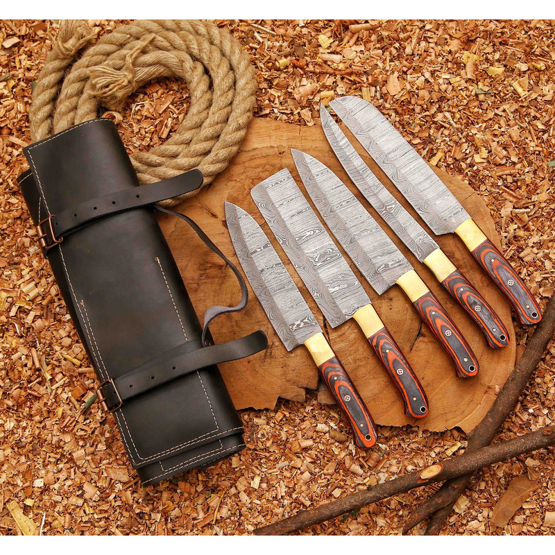 Handcrafted San Mai Damascus Chef Knife Set 5Piece With Turquoise  Rose Wood Handles Crazy Horse Lea