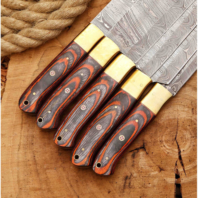 Handcrafted San Mai Damascus Chef Knife Set 5Piece With Turquoise  Rose Wood Handles Crazy Horse Lea