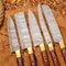 Handcrafted San Mai Damascus Chef Knife Set 5Piece With Turquoise Rose Wood Handles Crazy Horse Lea