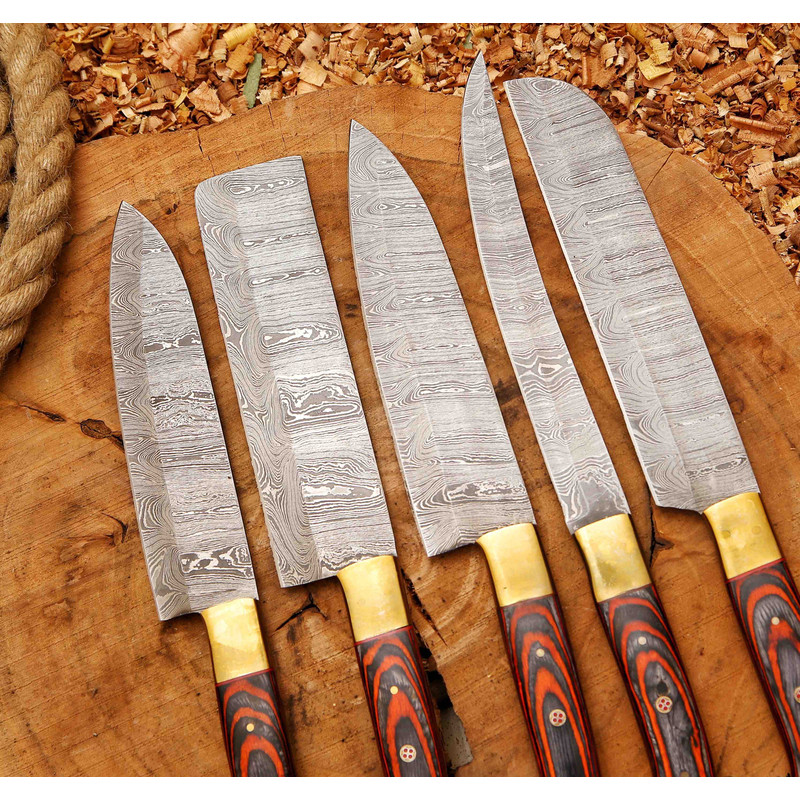 Handcrafted San Mai Damascus Chef Knife Set 5Piece With Turquoise  Rose Wood Handles Crazy Horse Lea