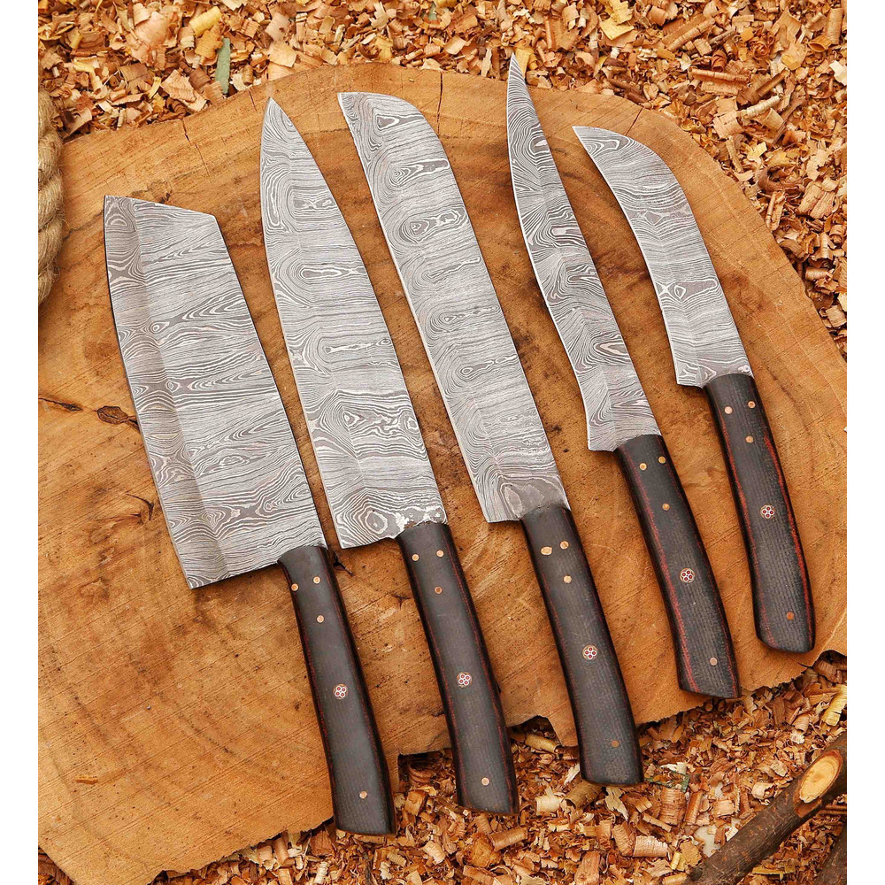 Handcrafted San Mai Damascus Chef Knife Set 5Piece With Turquoise Rose Wood Handles Horse Leather S