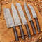 Handcrafted San Mai Damascus Chef Knife Set 5Piece With Turquoise Rose Wood Handles Horse Leather S