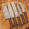 Handcrafted San Mai Damascus Chef Knife Set 5Piece With Turquoise Rose Wood Handles Horse Leather S