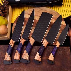 custom handmade chef knife set, best gift for him, 5ps knife set, christmas gift, halloween gift, kitchen knife set