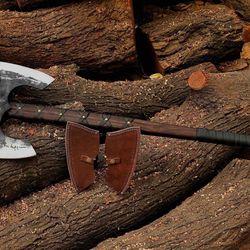 handmade viking double-headed axe with etched carbon steel and leather-wrapped oak handle, expertly crafted birthday