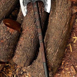handmade viking double-headed axe with etched carbon steel and leather-wrapped oak handle, expertly crafted birthday