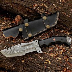 damascus tracker knife - premium personalized damascus steel hunting knife full tang black pakka wood handle leather