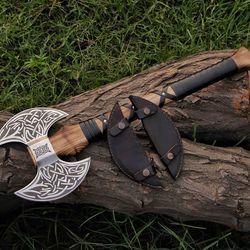 double headed viking axe, bearded axe hand forged steel double blade viking axe gift for him, christmas gift