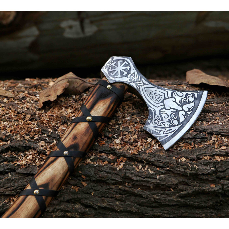 Genuine Viking Bearded Axeetched Axe Viking Axe With Leather Wrap And Leather Sheath Best Gift For M