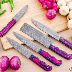 hand forged damascus steel chef knife set, kitchen knives | chef knive set, handmade 5 pcs luxury damasuc knife gift for