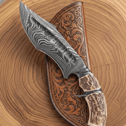 handmade damascus hunting bowie knife | stag antler handle | full tang outdoor survival knife