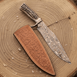 copper damascus bowie knife | stag handle & brass bolster | handmade hunting & survival knife