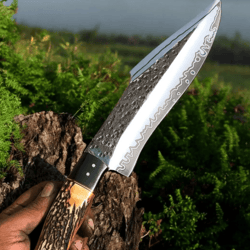 handmade stag handle bowie knife | high carbon steel 13" blade + leather sheath | large outdoor hunting & survival knife