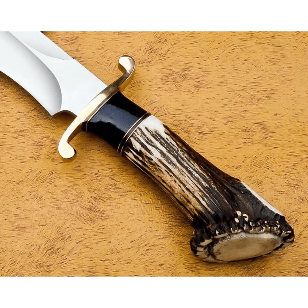 Handmade Bowie Knife With Stag Antler Handle D2 Steel Blade With Brass Guard Leather Sheath Hunt 1