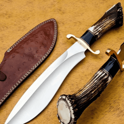 handmade bowie knife with stag antler handle | d2 steel blade with brass guard & leather sheath | hunting & outdoor knif