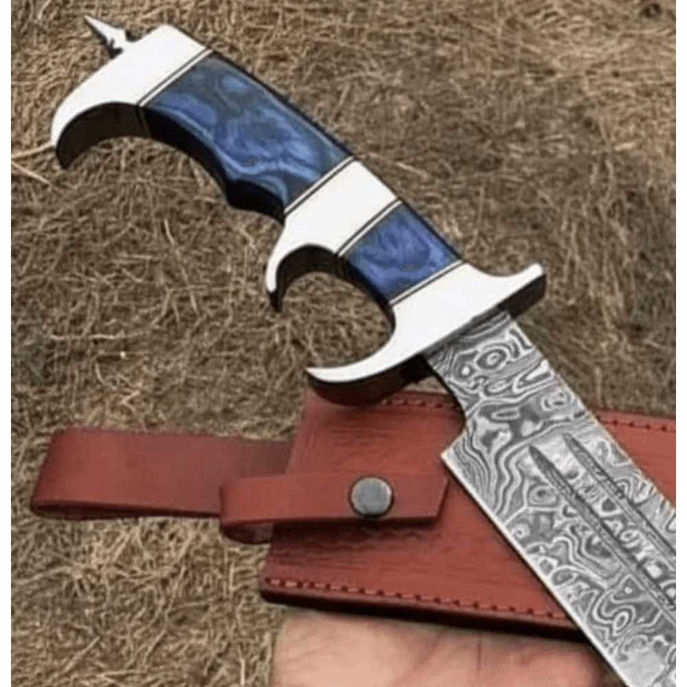 Damascus Steel Outdoor Knife HandForged 400Layer Blade With Blue Pakka Wood Handle Leather Sheath 2
