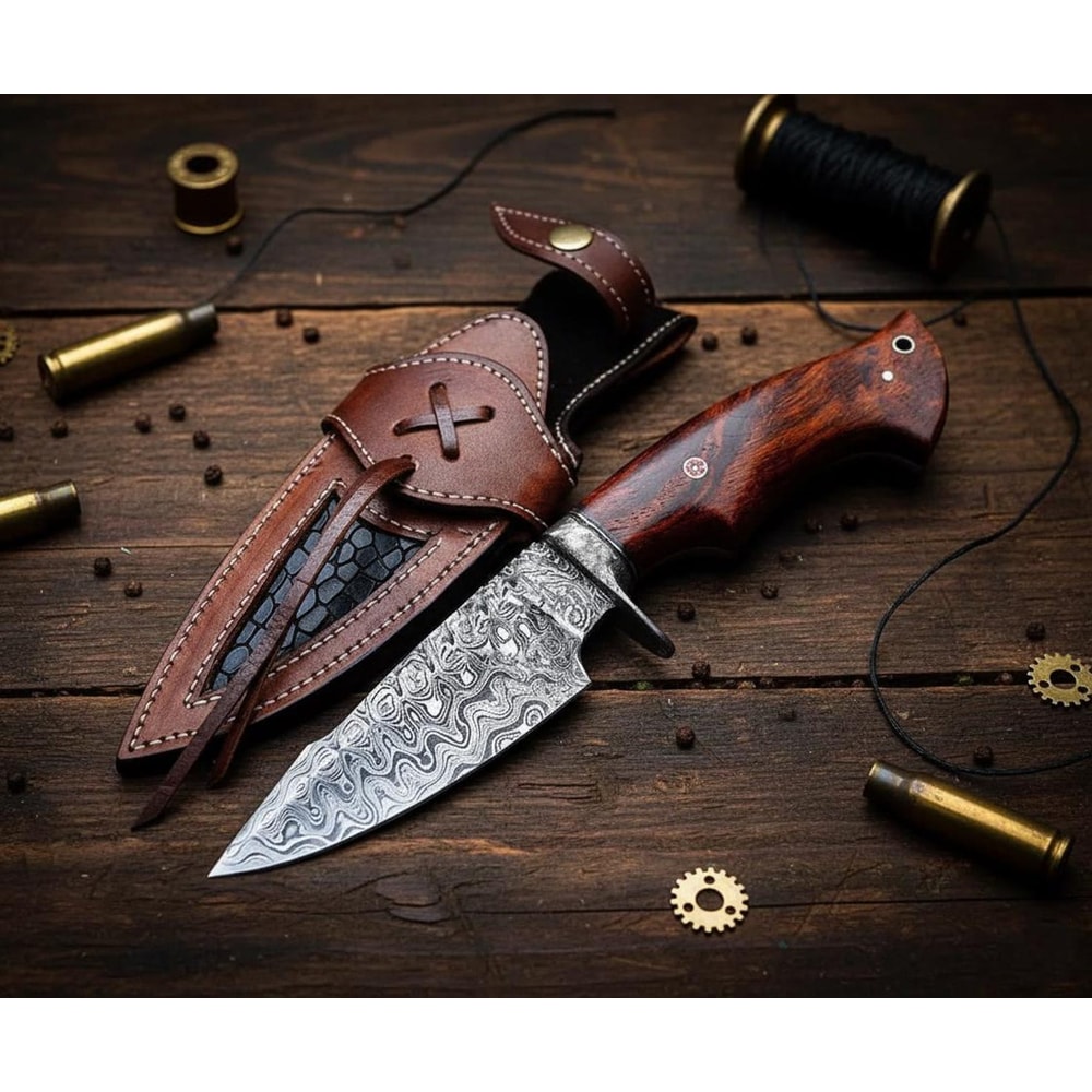 10 Handmade Damascus Steel Hunting Knife Rosewood Handle Fixed Blade For Camping Survival 0
