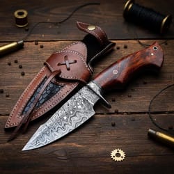 10" handmade damascus steel hunting knife – rosewood handle fixed blade for camping & survival
