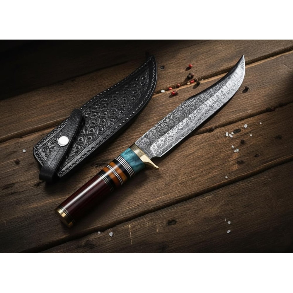 Handmade damascus steel hunting knife resin handle