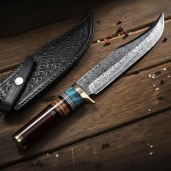 handmade damascus steel tracker knife – full tang resin wood handle with leather sheath