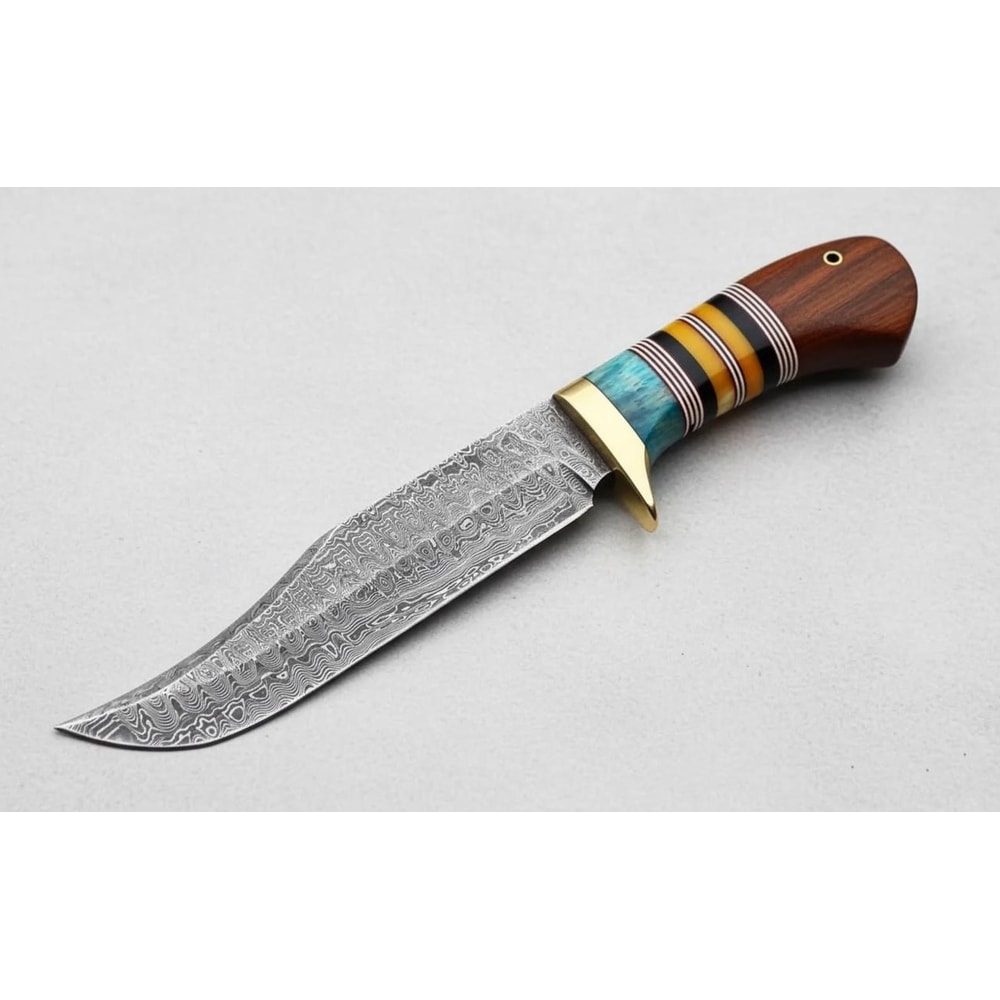 Handmade Damascus Steel Tracker Knife Full Tang Resin Wood Handle With Leather Sheath 2