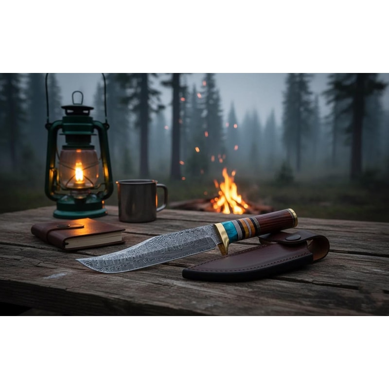 Handmade Damascus Steel Tracker Knife Full Tang Resin Wood Handle With Leather Sheath 3