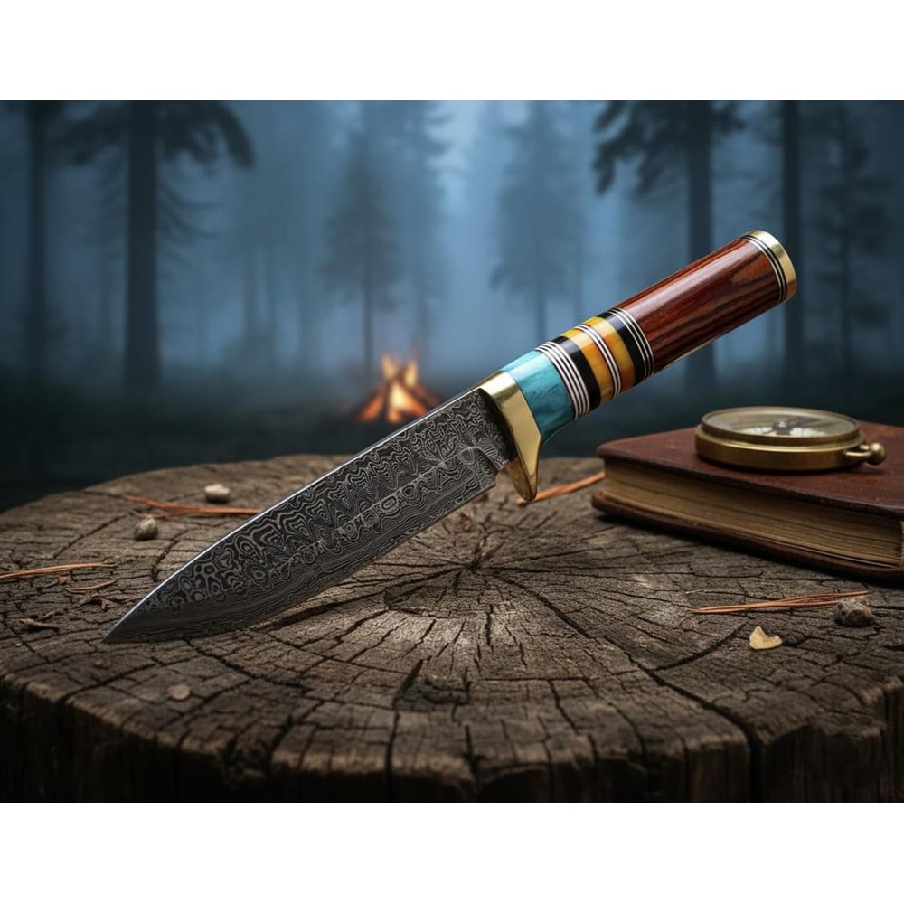 Handmade Damascus Steel Tracker Knife Full Tang Resin Wood Handle With Leather Sheath 4