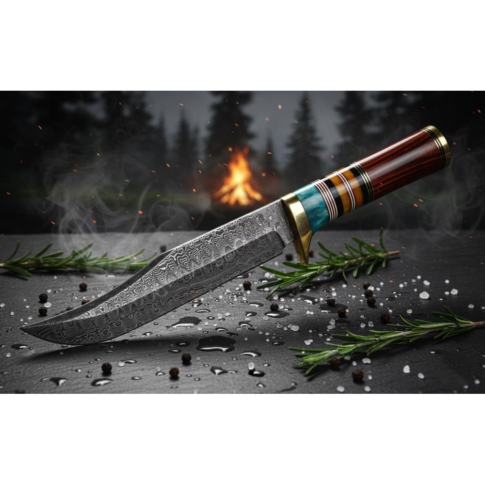 Handmade Damascus Steel Tracker Knife Full Tang Resin Wood Handle With Leather Sheath 5