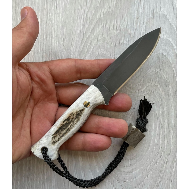 Mini Bushcraft Knife 1075 Carbon Steel Full Tang EDC Camping Knife Stag Horn Handle 9